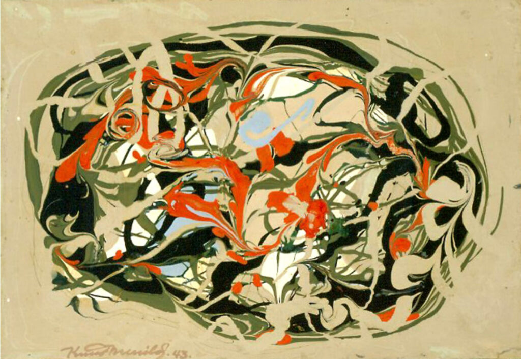 Knud Merrild. Plexiform Flux, 1943. Oil flux on fabric on board. 11 x 15 1/4 inches